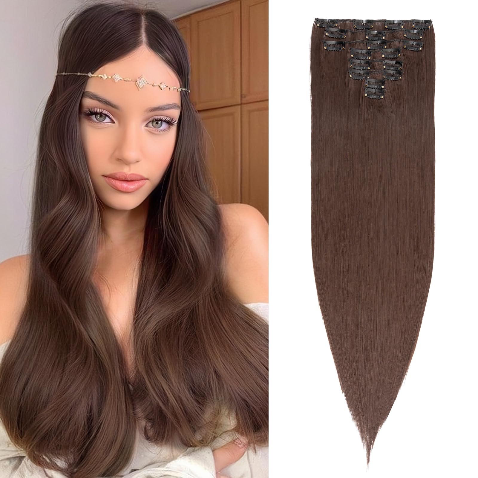 23" Long Straight Clip in Hair Extensions Full Head 8Pcs 18Clips Ombre Colorful Synthetic Hair Clip in Hairpiece Medium Brown