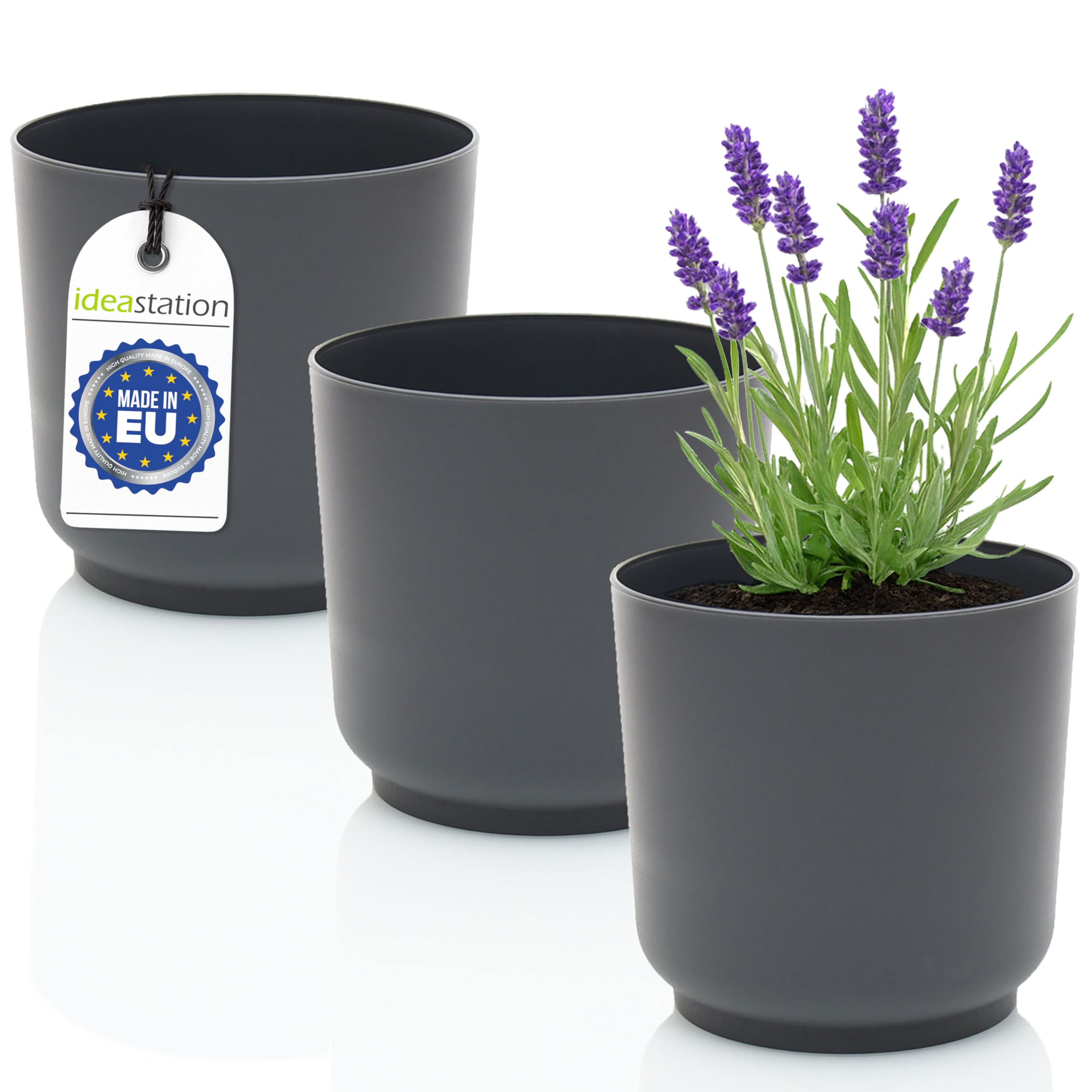 idea-station SATI Plastic Plant Pot Set 3 x 13 cm - anthracite - Shatterproof and round Plant Pots - Suitable for Variety of Plants - Timeless Modern Design - Available in 2 Sizes