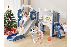 XJD 13-in-1 Toddler Slide and Swing Set, Kids Slide for Toddlers Age 1+, Toddler Outdoor Playset New Upgrade with Golf Set, Basketball Hoop, Drawing Board for Playground (Blue White)