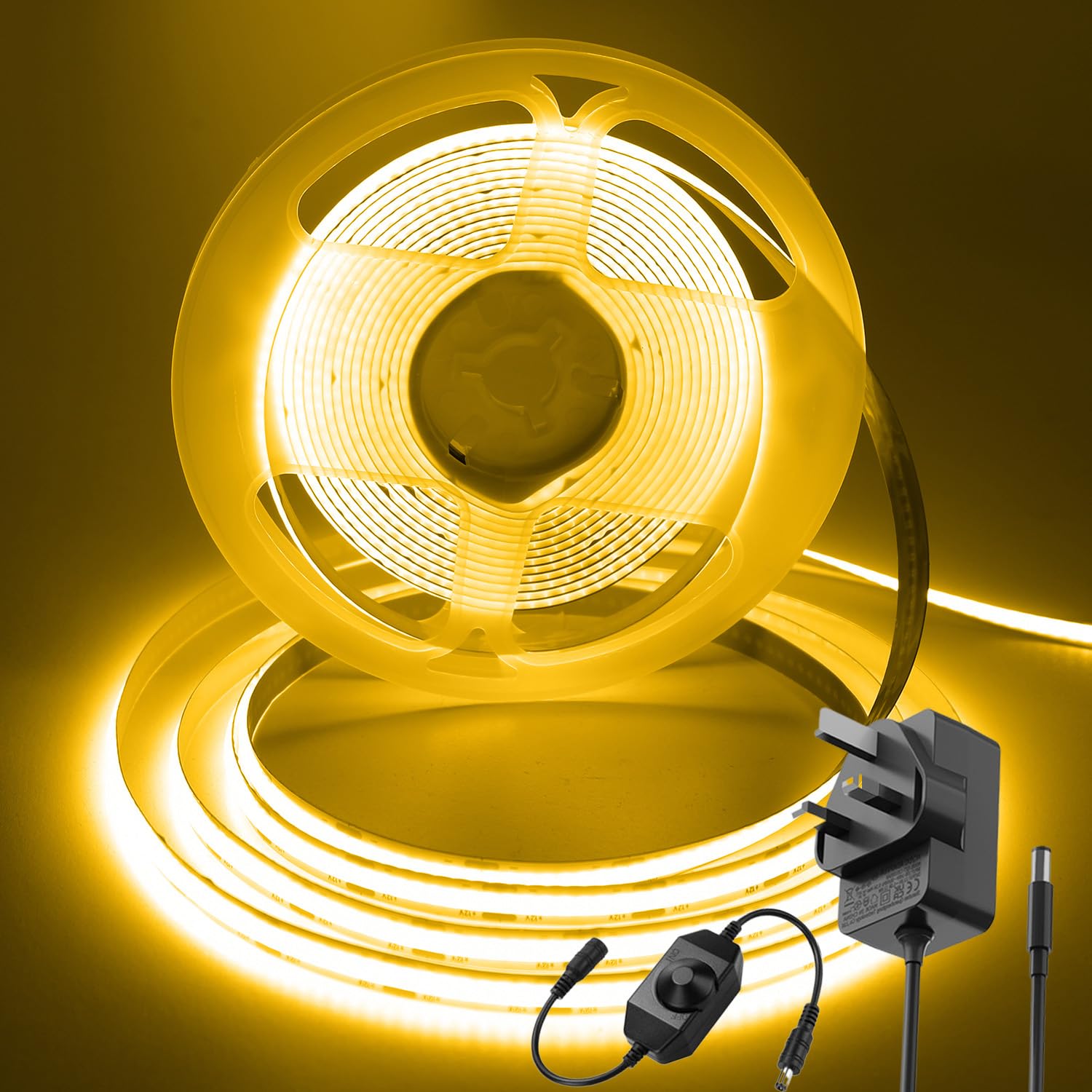 ShineBurky Yellow COB LED Strip Lights, 5M High Bright Cuttable LED Tape Lights with Plug, 12V Flexible CRI93+ Dimmable Light Kit for TV Backlight Bedroom Under Cabinet Kitchen Ceiling Garage Lighting