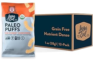 LesserEvil No Cheese Cheesiness Organic Paleo Puffs, Grain Free, Vegan, Minimally Processed, No Vegetable Oil, 1 Oz, Pack of 12