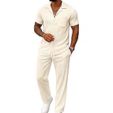 UOUA Mens Summer 2 Piece Set Casual Outfits Button Short Sleeve Shirt & Loose Pants Textured Striped Tracksuit Walking Suits