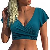 Hilor Women's Underwire Bikini Tops Short Sleeve Tankini Bathing Suits Front Twist Push Up Swimsuit Top Only