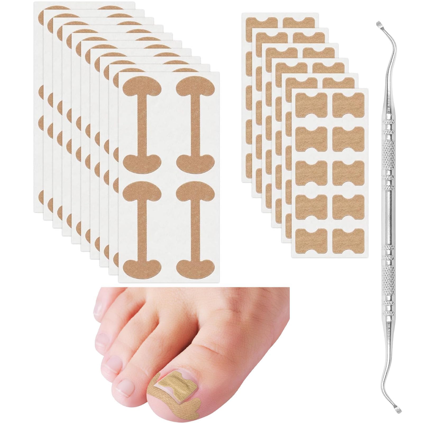 2 Types Ingrown Toenail Treatment Patch with Ingrown Toenail Tool, Includes 100 PCS Ingrown Toenail Corrector Patch, Professional Ingrown Toenail Corrector Tools for Toenail Care Protect Toe Nail