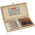Jean Dubost Laguiole 6-Piece Steak Knife Set, Mixed Wood Handles - 2.5 mm Blades - Rust-Resistant Stainless Steel - Includes Wooden Box - Made in France