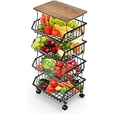 Fruit Basket for Kitchen with Wheels, 5-Tier Stackable & Removable Metal Storage Cart - Wire Basket Organizer for Kitchen, Pa