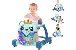 JIESENSE Baby Walker, 4-and-1 Foldable Baby Walker with Wheels, Music, Panda Baby Toddler Walker with Foot Pad, Toys, Activity Center, Baby Walkers for Babies 6-12 Months Boys Girls (Blue)