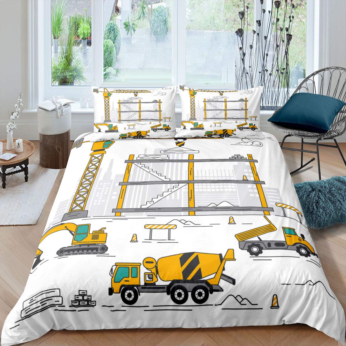 Tbrand Crane Duvet Cover Teens Single Digger Bedding Set Modern Mixer City Comforter Cover For Kids Children Soft Service Car Bedspread Cover 2pcs Quilt Cover