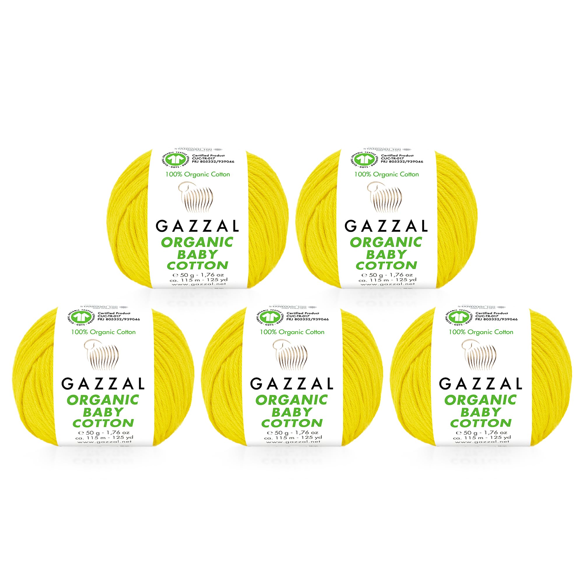 5 Ball (Pack) Gazzal Organic Baby Cotton Yarn, Total 8.8 Oz. 100% Organic Cotton, Each 1.76 Oz (50g) / 125 Yrds (115 m), 3 Light DK, Yellow - 420