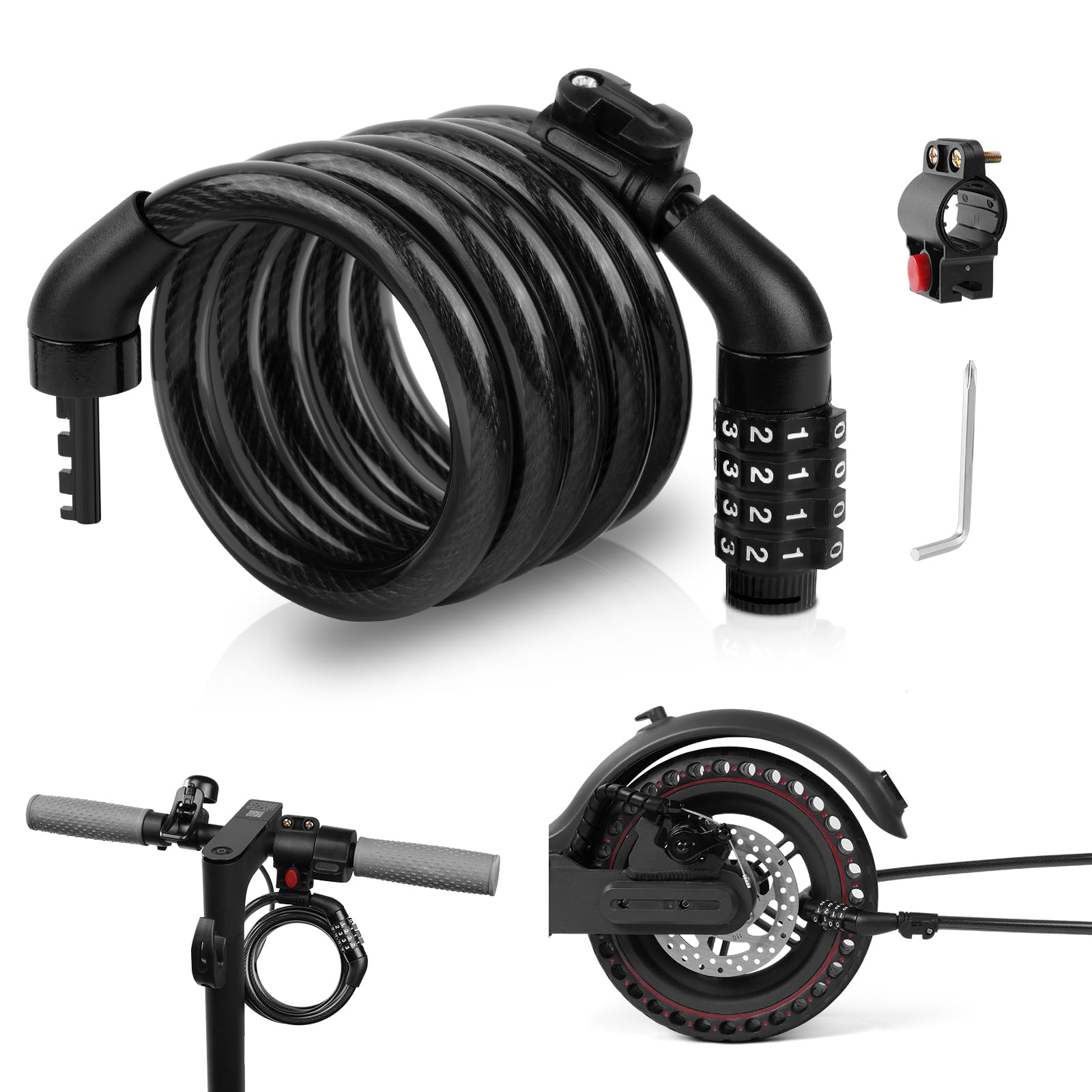 Ainiv Scooter Lock, Security 4 Digit Resettable Combination Scooter Locer, 120cm/8mm Anti-Theft Ideal Coiling Cycle Cable Lock, Ideal for Xiaomi M365/Pro2/Bicycle/Lawnmowers Moto/Door/Gate Fence
