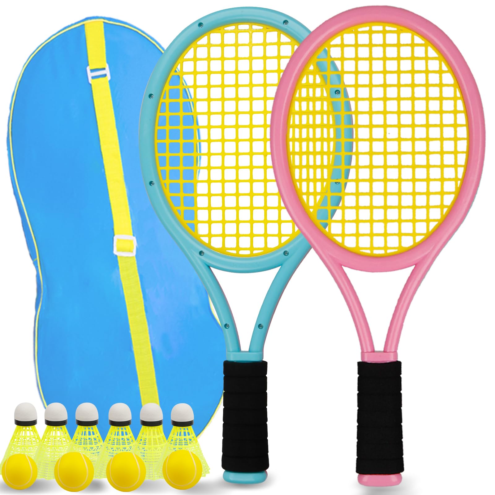 JHuiLap Kids Tennis Racket Set With Carry Bag Includes 2 Safe Plastic Rackets (17 Inch), 4 Sponge Balls & 6 Shuttlecocks, Lightweight for Children Indoor/Outdoor Sports (Blue&Pink)