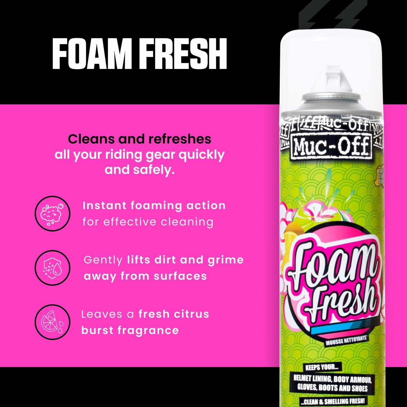 Muc-Off Foam Fresh-Schaum, 400 ml - Schäumendes Sofort Reinigungsmittel mit Zitrusduft – Geeignet für Motorradhelm Futter, Motorradhandschuhe und –stiefel, als Polsterreiniger 2
