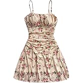 WDIRARA Women's Plus Size Boho Floral Cami Dress Ruched Spaghetti Strap A Line Short Dresses