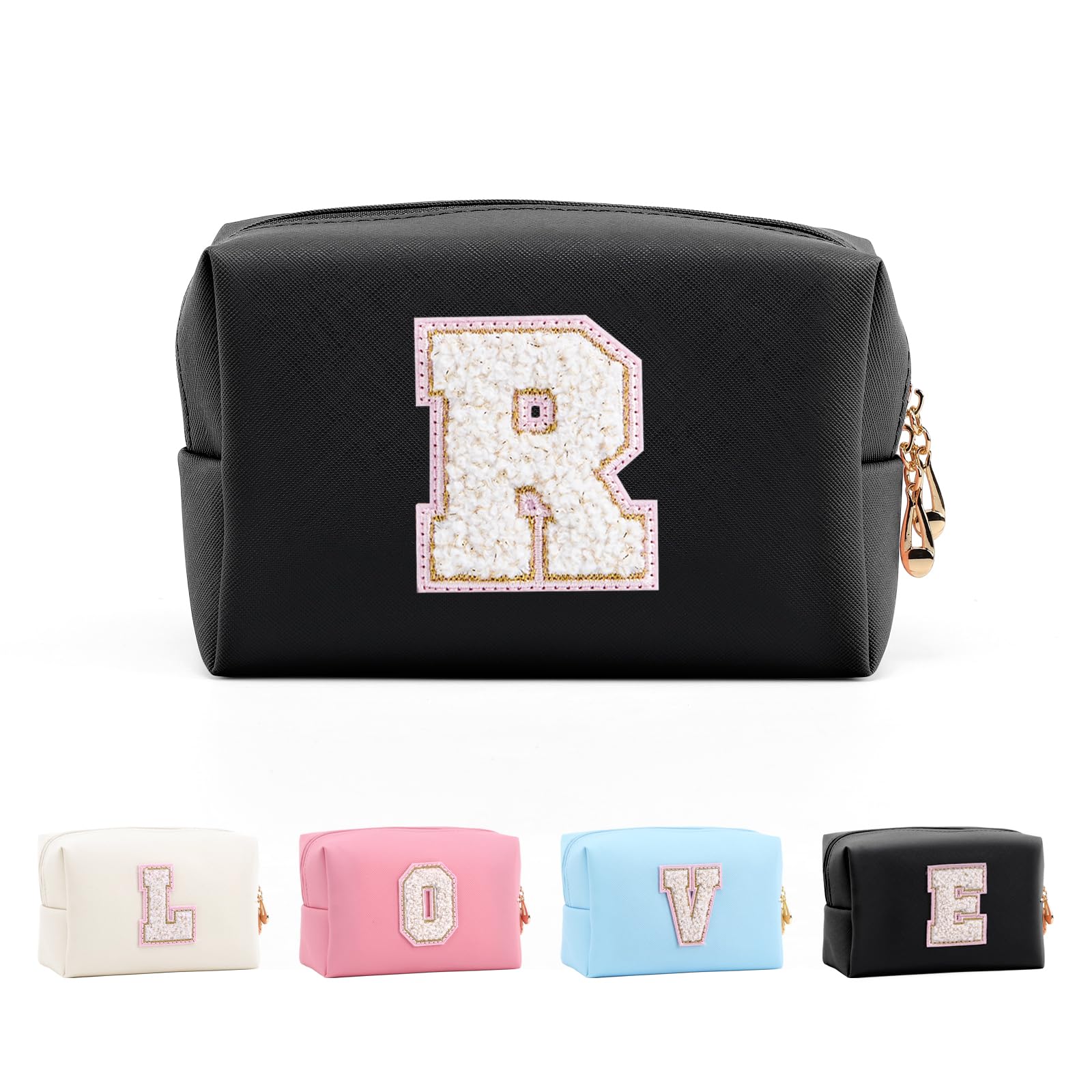 Anntry Small Personalized Initial Letter Makeup Bag, Cute Waterproof PU Leather Chenille Letter Cosmetic Bag Travel Makeup Bag, Preppy Makeup Pouch Toiletry Zipper Pouch Organizer for Women and Girls
