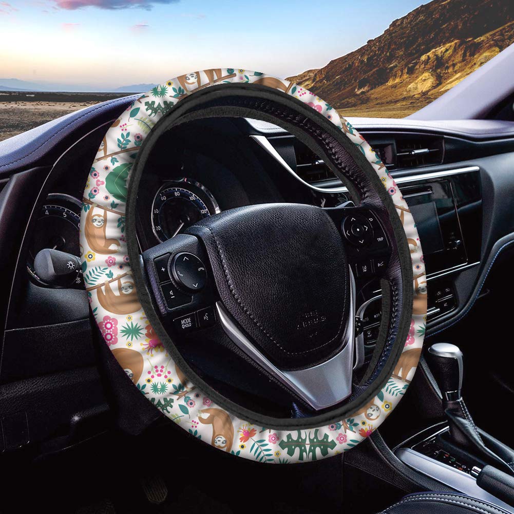 Showudesigns Sloth Flower Steering Wheel Cover for Women Cute Soft Anti Slip Neoprene Steering Wheel Covers Wrap Cloth Ethnic for Auto Truck SUV Beige