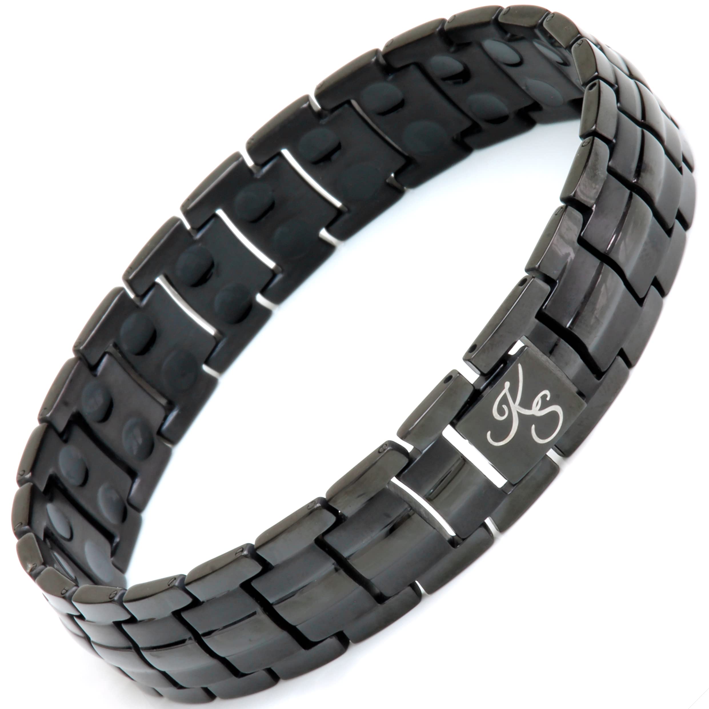 Kalsi Style Ultra Strength Titanium Magnetic Bracelet, Double Row 3500 Gauss Magnets for Men & Women, Resizing Tool & Gift Box (Black w/Black Magnets)