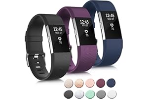 MUGUST 3 Pack Sport Bands Compatible with Fitbit Charge 2 Bands Women Men, Adjustable Replacement Strap Wristbands for Fitbit Charge 2 HR Small Large (Small, Black/Purple/Navy Blue)