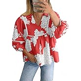 Tankaneo Womens Floral Peplum Babydoll Tops 3/4 Puff Sleeve Pleated Blouse Cute Casual V Neck Loose Fit Flowy Boho Shirts