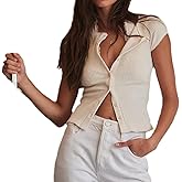Womens Short Sleeve Button Up Slim Tshirt Crewneck Button Down Ribbed Knit Cardigan Tee Going Out Basic Dressy Tops