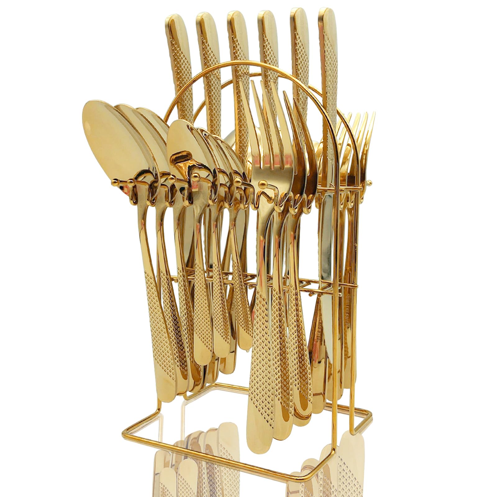 Gilded Silverware Set, 24 Piece Cutlery Set with Holder, Service for 6, Mirror Polished Tableware Set for Home Kitchen (Gold)
