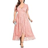 ZOMVA Plus Size Floral Lace Dress Wrap V Neck High Low Ruffle Sleeve Evening Gown Formal Dresses Wedding Guests Cocktail