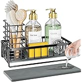 OVICAR Kitchen Sink Caddy Sponge Holder - Instant-Dry Sink Organizer with Brush Holder - Waterproof Soap Dispenser Non-Slip Countertop Organizer Storage for Kitchen Bathroom Black