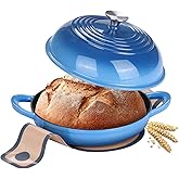 Round Bread Oven for Homemade Sourdough Bread Baking, Leonyo Enameled Cast Iron Dutch Oven Pot with Dome Lid, Non Stick Silicone Baking Mat for Cooking, 6 Quart, Blue