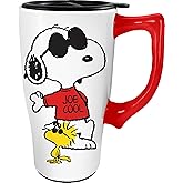 Spoontiques - Ceramic Travel Coffee Mug with Lid and Handle - Spill Proof Lid - Double Walled Mug for Hot and Cold Beverages - Microwave and Dishwasher Safe - Snoopy