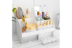 Makeup Organizer with Drawers, Cosmetic Storage for Dresser Vanity and Bathroom Countertop, Beauty Holder for Lipstick Brush, Skincare Organizer for Vanity, Cosmetic Display Case (White)