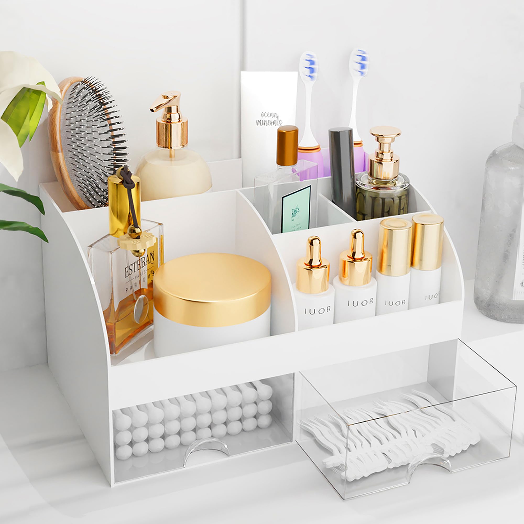 Photo 1 of Makeup Organizer with Drawers, Cosmetic Storage for Dresser Vanity and Bathroom Countertop, Beauty Holder for Lipstick Brush, Skincare Organizer for Vanity, Cosmetic Display Case (White)