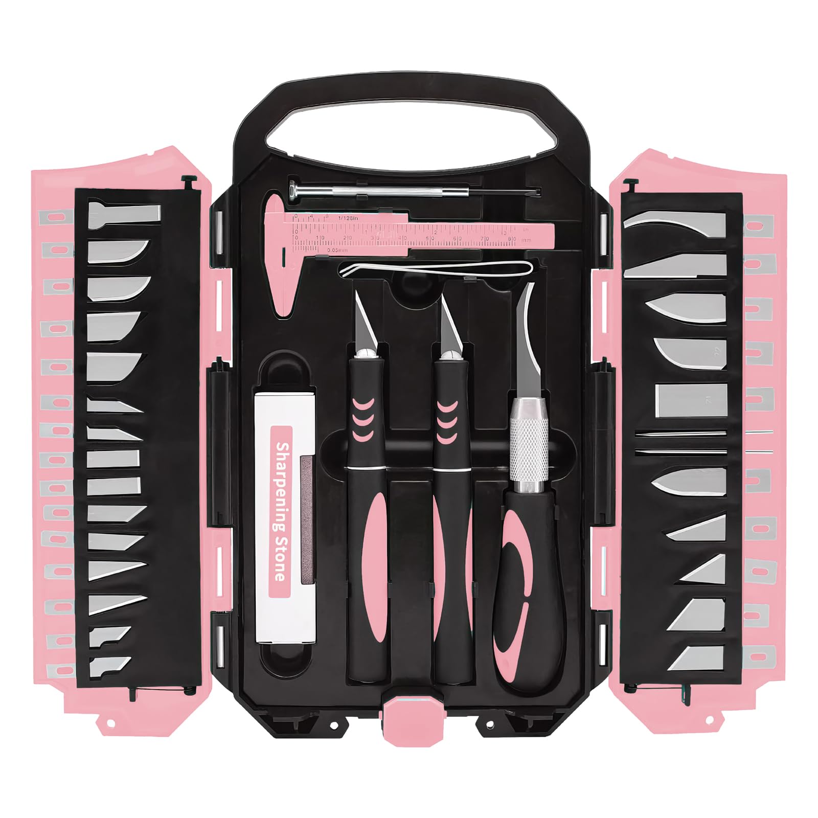 Photo 1 of MANUFORE 34pcs Large Exacto Knife Set Pink Deluxe Craft Precision Knife Set Include 3pcs Craft Knives with Anti-Slip Rubber Grip, 25pcs Different Blades, 2pcs Needles, Sharpening Stone, Screwdriver