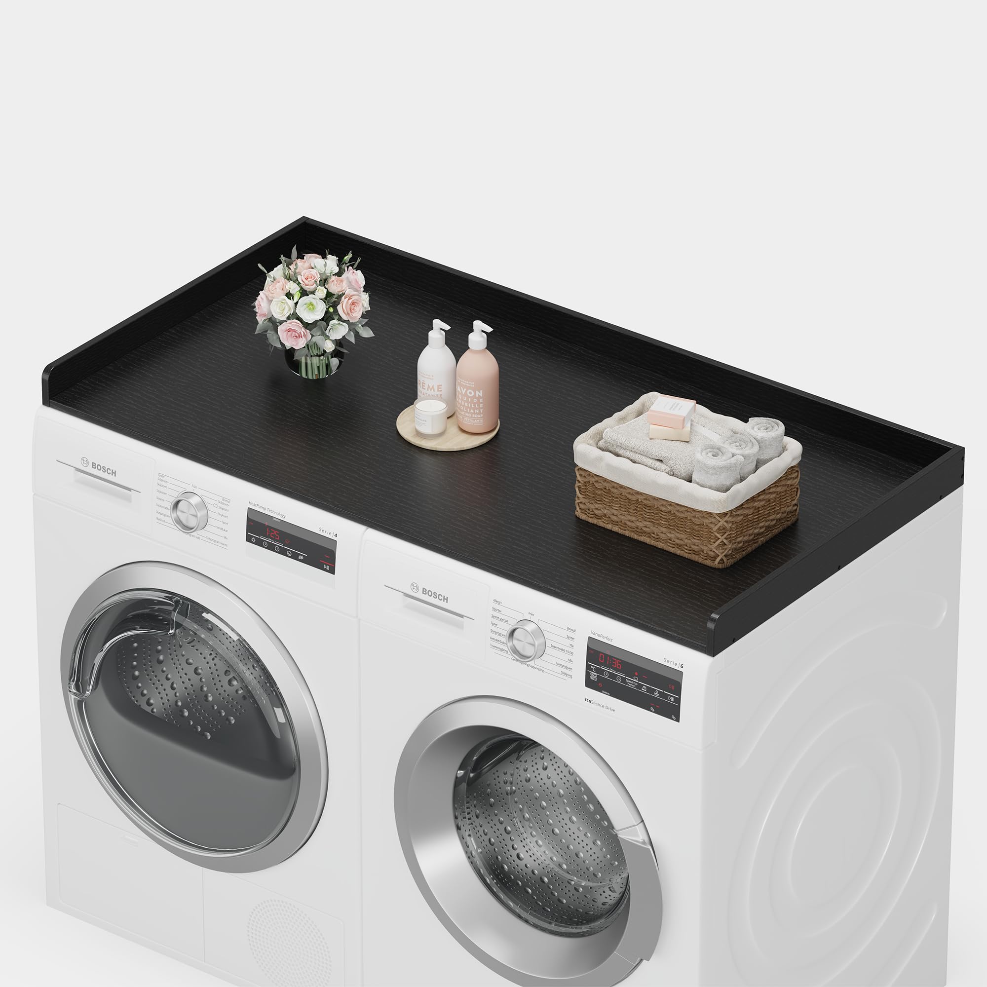 Photo 1 of **MISSING ASSEMBLY HARDWARE** efluky Washer Dryer Countertop, Wood Countertop with Edge Rails for Laundry Room Organization and Storage, Washer Dryer Topper for Laundry Room, 27.5" x 54" Black