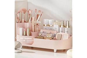 COMFYROOM Pink Rotating Vanity Organizer with Brush Holder - Large Spinning Cosmetic Storage, Countertop Makeup & Skincare Organizer, Perfume & Lotions Display Case
