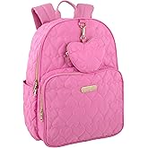 Jessica Simpson Women’s Designer Laptop Backpack with Side Pockets, Wallet | 2 Piece Backpack Change Purse Set for Women (Quilted Pink Hearts)