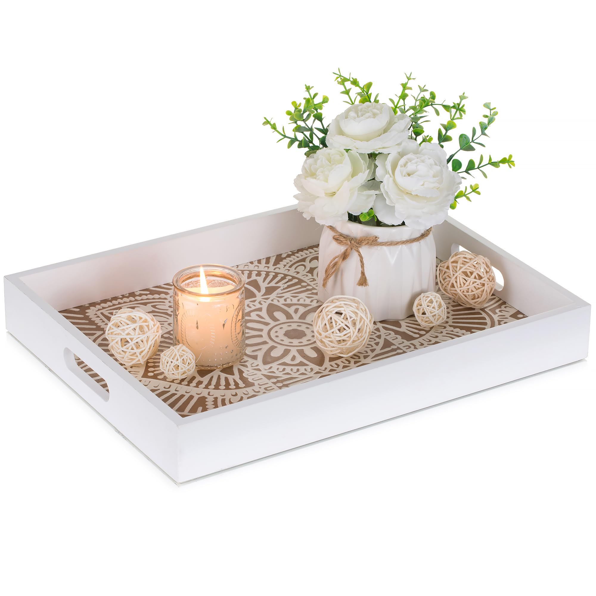 Hanobe Decorative Serving Tray White: Coffee Table with Handles for Ottoman Centerpiece Decor - Rectangular Rustic Floral Boho Wooden for Living Room Bathroom Counter
