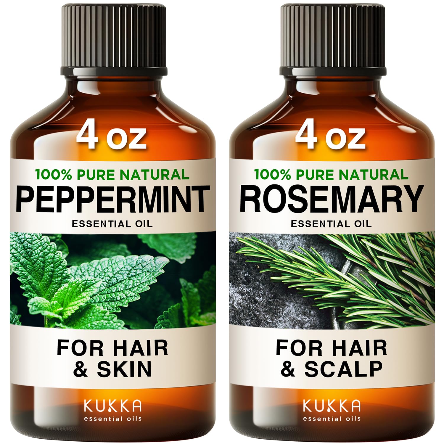 Peppermint Oil for Hair & Rosemary Oil for Hair Set - 100% Natural Aromatherapy Grade Essential Oils Set - 2x4 fl oz - Kukka