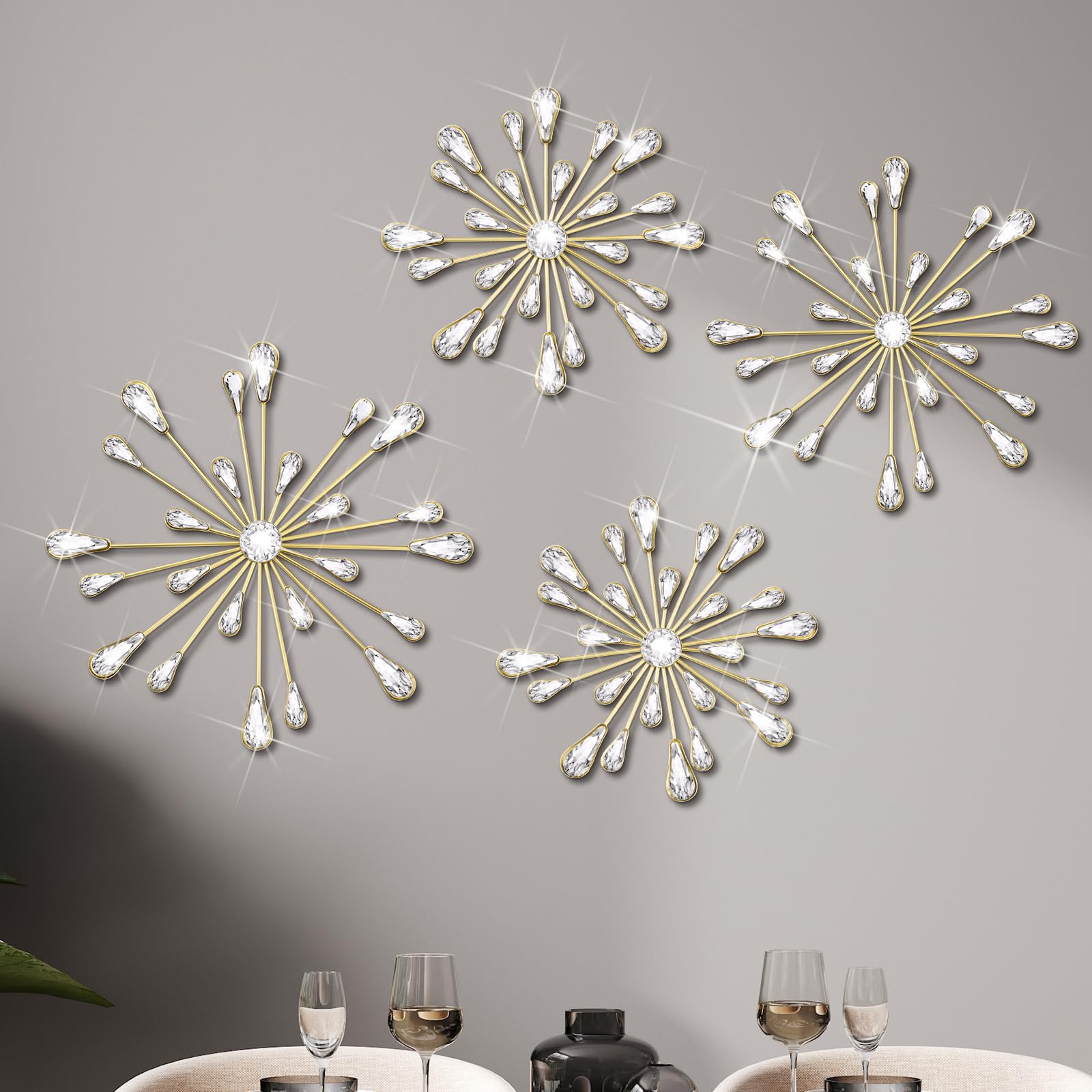 Photo 1 of Hicarer 4 Pcs Starburst Wall Decor Bling Wall Art Crystal Teardrop 3D Hanging Rhinestone Radial Metal Artwork Modern Accent Sculptures Decorations for Living Room Home Office Bedroom(Gold)