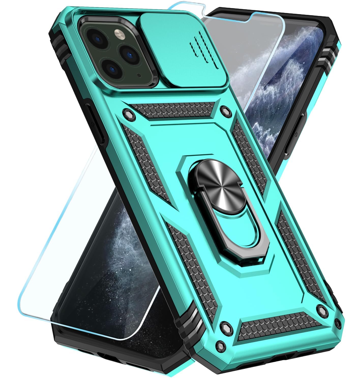 SunStory Compatible with iPhone 11 Pro Case with HD Screen Protector & Slide Camera Cover & Rotated Ring Kickstand, [Military-Grade] Phone Case iPhone 11 Pro,Teal