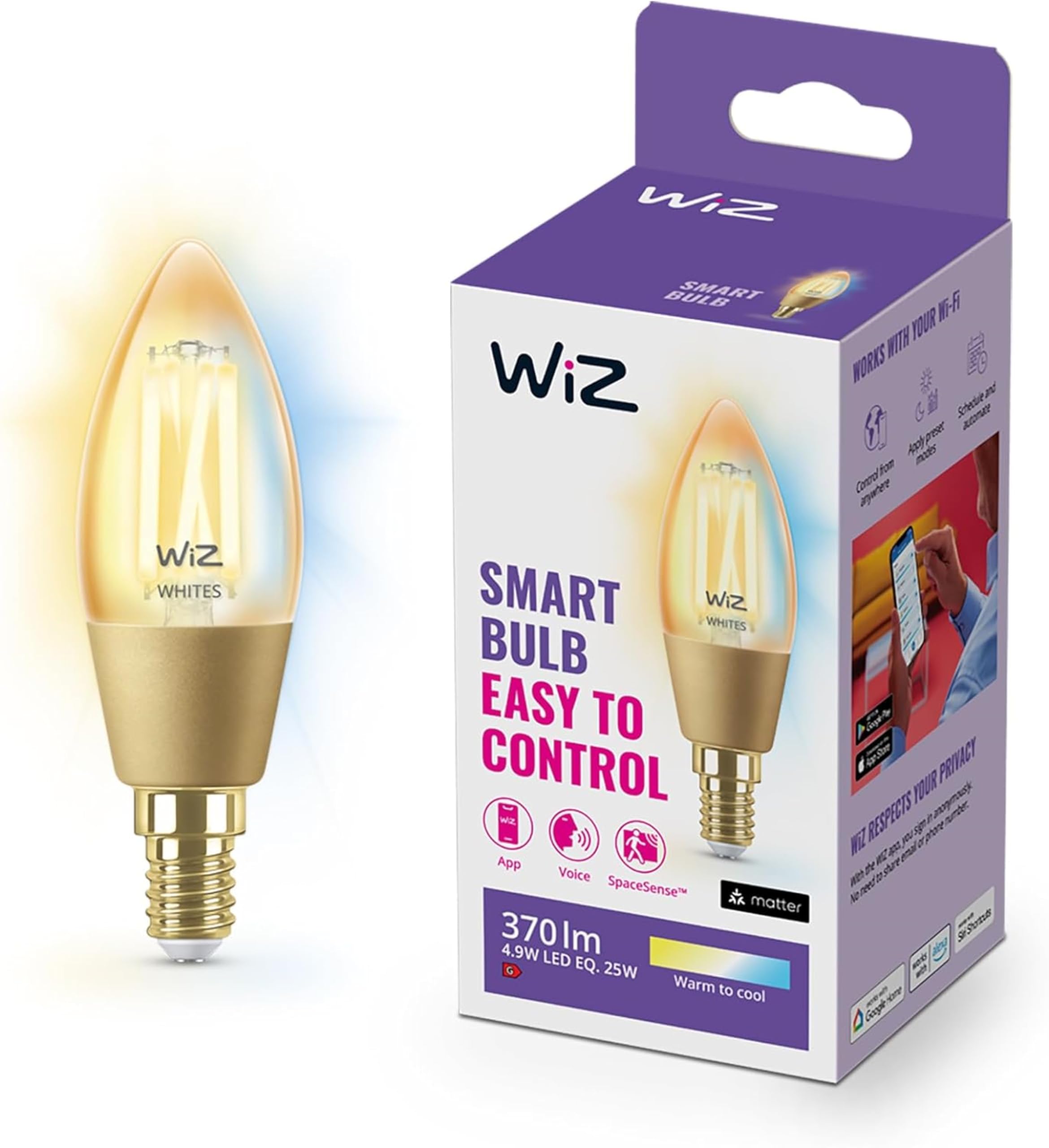 WiZ Smart Candle Bulb, E14, 25W, Warm to Cool White Light Dimming, Smart LED Connected WiFi Works with Alexa, Google Assistant & HomeKit, App Control for Home Indoor Lighting, Livingroom, Bedroom