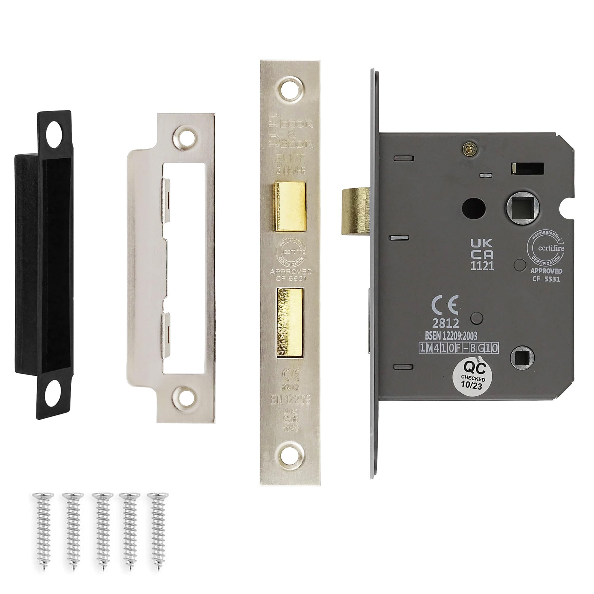 Decoranddecor Bathroom Mortice Lock - 3inch / 76mm - Satin Nickel - Fire Rated - UKCA & CE Approved