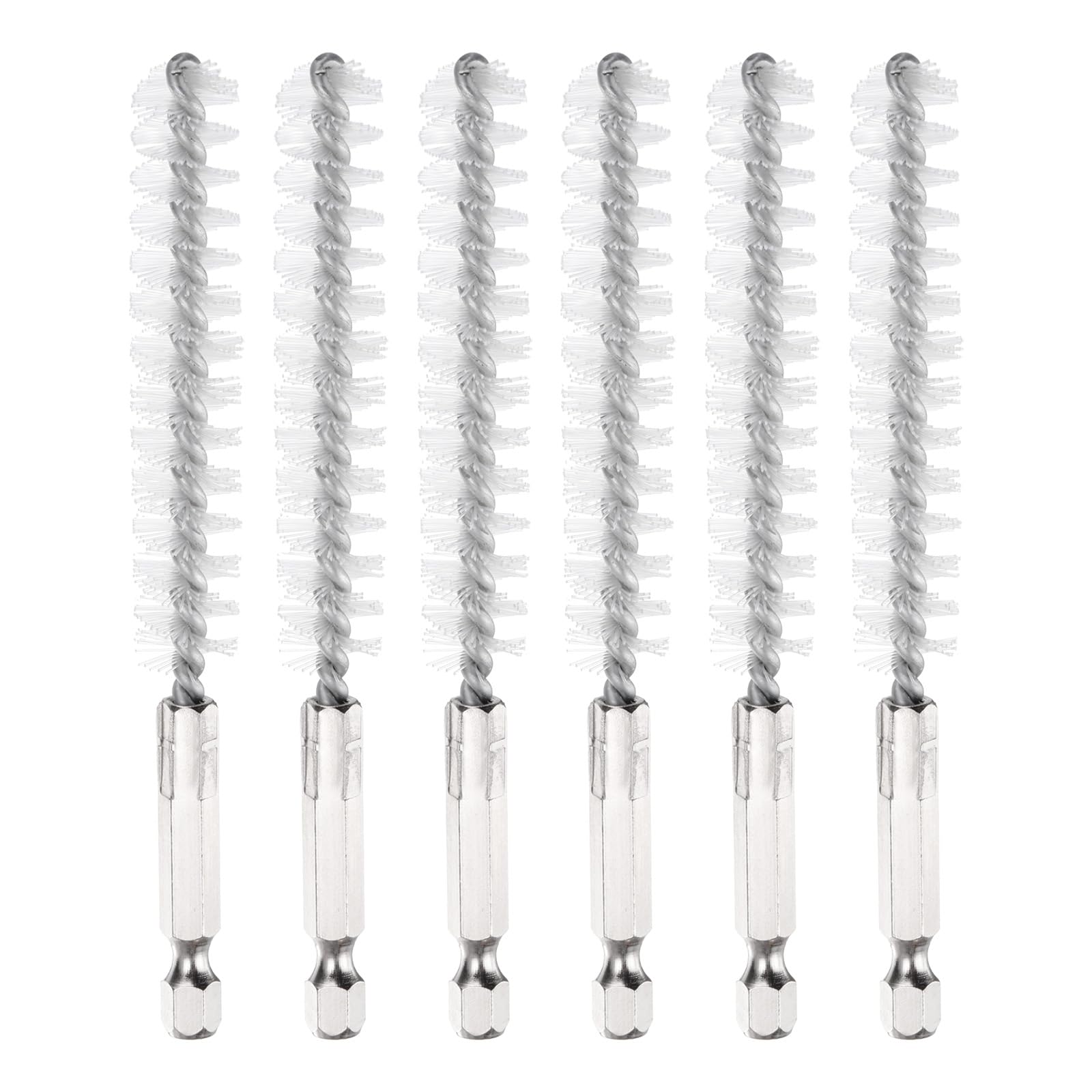 PATIKIL 11mm Dia Bore Brush, 6Pcs Nylon Twisted Wire Cleaning Brush Pipe Cleaner with 1/4 Inch Hex Shank for Tubes, Ports, Bearings, Drill Driver, White