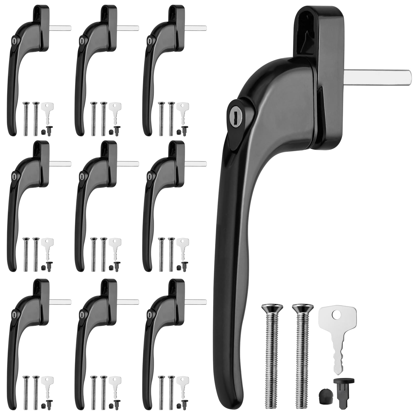 GETLITOOL 10 PCS Lockable Window Handle Black, Universal Window Handle 43mm Spindle, Inline Espag UPVC Window Handles Locking Double Glazing and Childproof Windows with Key