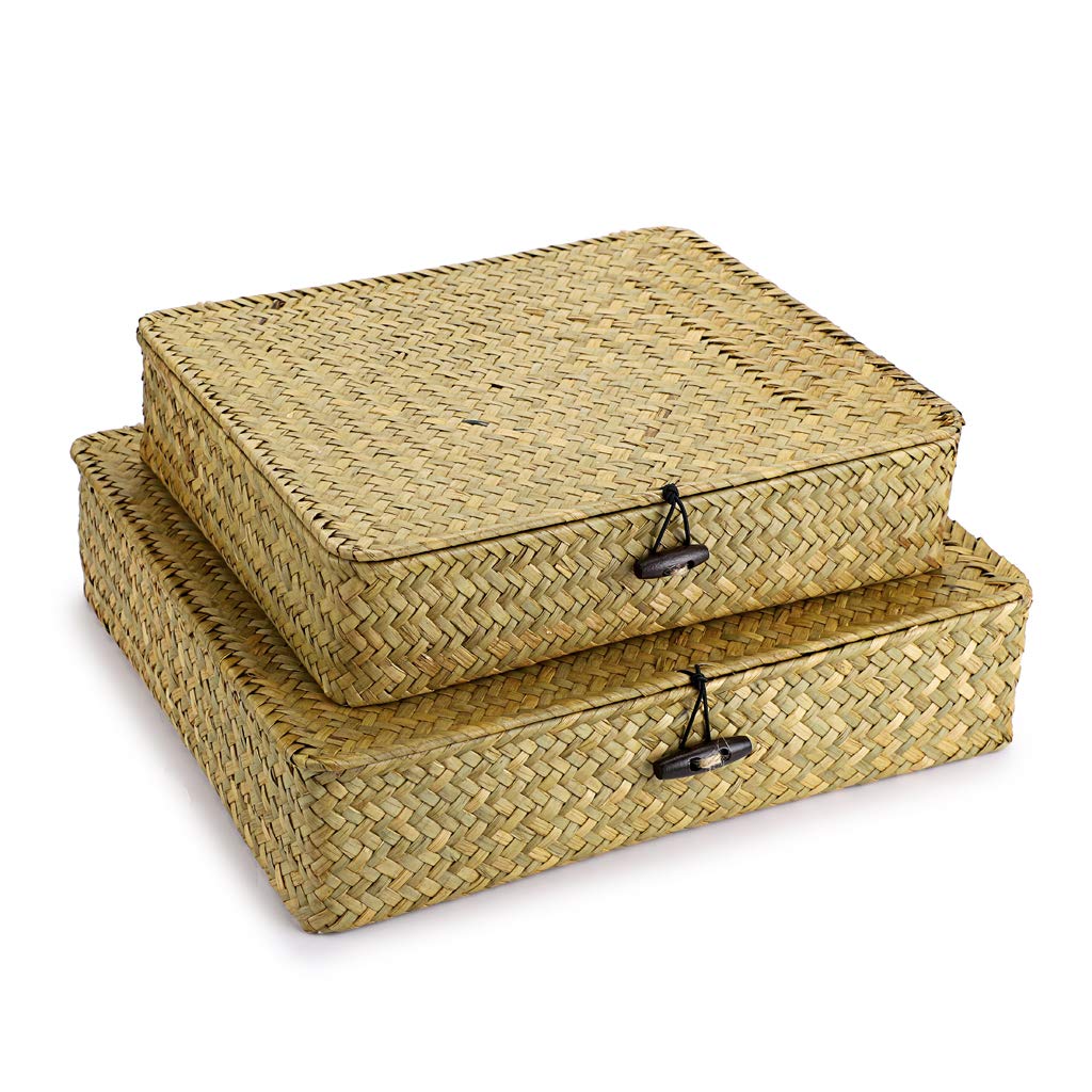 Sumnacon Set of 2 Seagrass Storage Basket Handmade Weave Hamper Shelf Organiser Baskets Chest with Lid Multipurpose Container, Natural Color