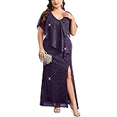TIARALY Plus Size Formal Maxi Dress Sparkly Asymmetric Cape V-Neck Mermaid Side Split Cocktail Wedding Guest Evening