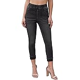 Vetinee Capris Jeans for Women High Waisted Pull On Elastic Waist Skinny Stretchy Denim Capri Pants Rolled Cropped Jeans