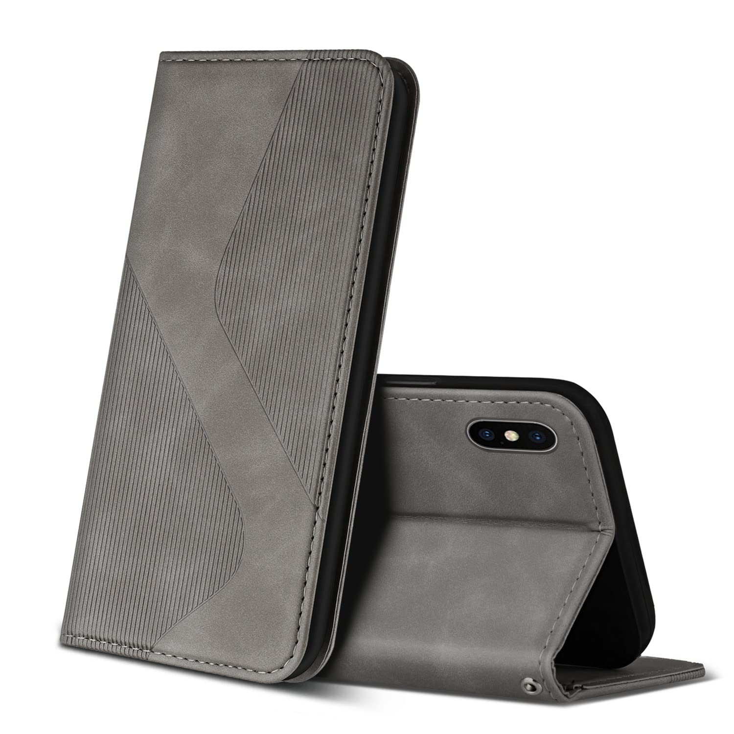 ZONNAVI Case Compatible with iPhone X/iPhone XS, Premium PU Leather Wallet Case with [Card Slots] [Viewing Stand], Shockproof Flip Cover for iPhone X/iPhone XS (Grey)