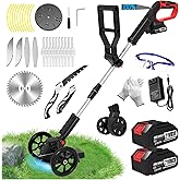 Electric Cordless Weed Wacker Eater Battery Powered, Stringless Weed Trimmer with 2 21V/2.0Ah Battery Operated & 5 Types Blades & Wheels,No-String Grass Trimmer/Lawn Edger/Brush Cutter for Garden Yard