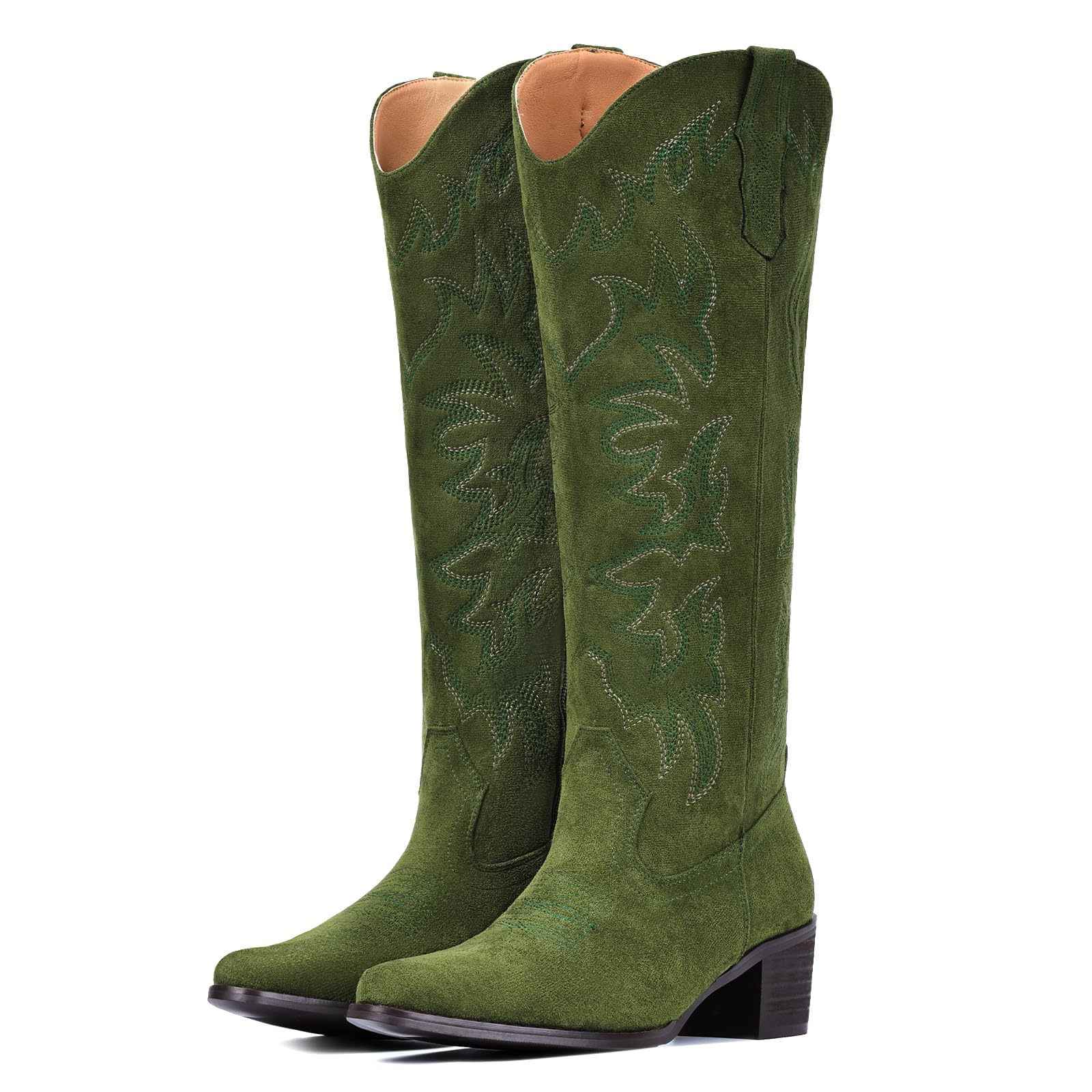 IUV Cowboy Boots For Women Wide Width Knee High Western Cowgirl Boots Snip Toe Side Zipper Chunky Heel Image