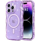 Pepmune Magnetic for iPhone 14 Pro Max Case Clear, Sparkly Bling Glitter Cute Curly Wave Cover for Women Men Compatible with MagSafe TPU Shockproof Protective Phone Case for iPhone 14 Pro Max, Purple