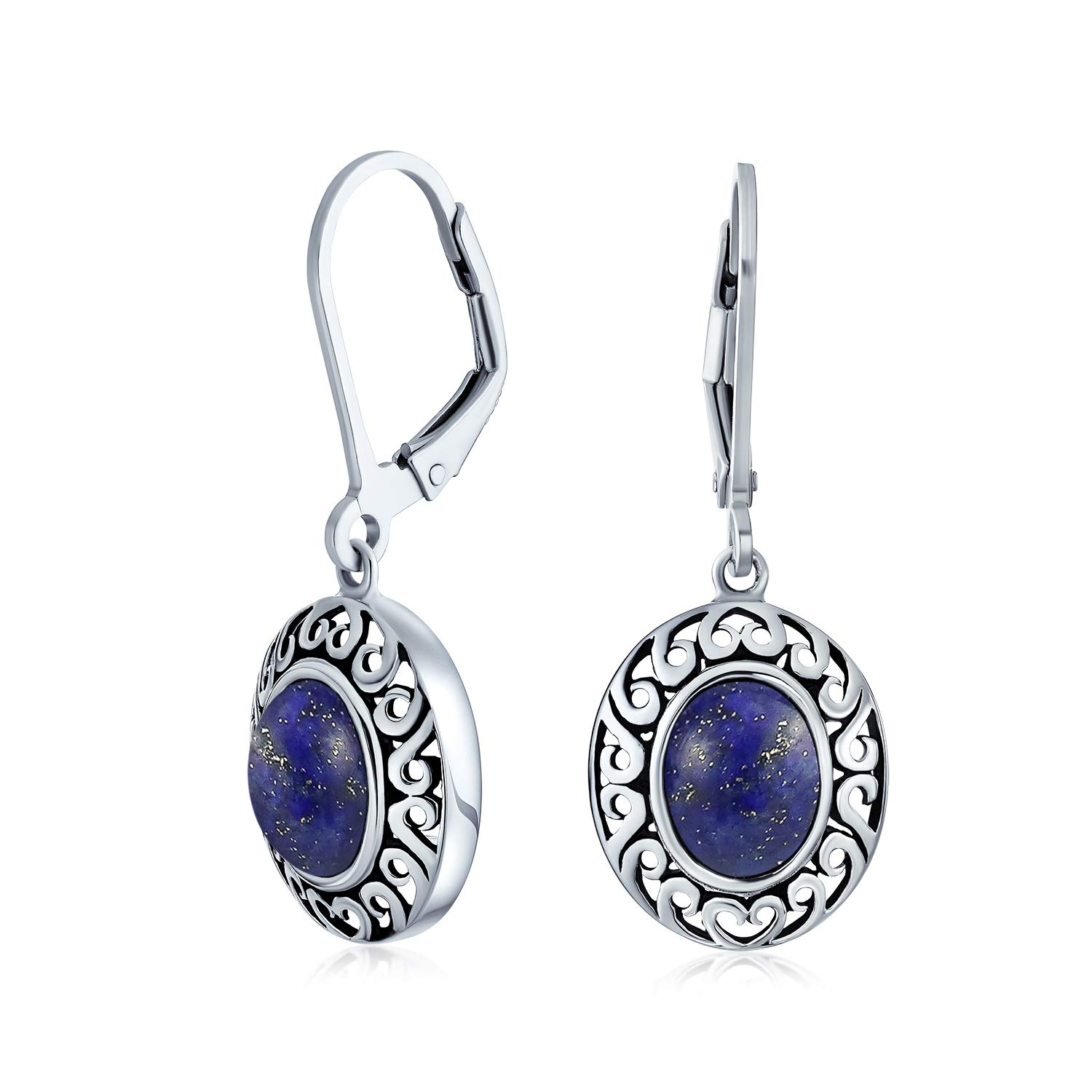 Western Style Blue Lapis Lazuli Gemstone Oval Bezel Set Lever Back Dangle Earrings For Women Oxidized .925 Sterling Silver